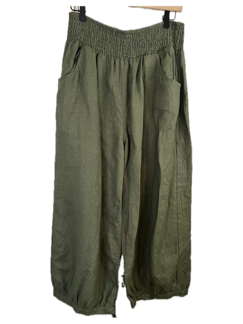 Nomad the Label Women Sadhu French Linen Olive Green Relaxed Crop Wide Leg Pants